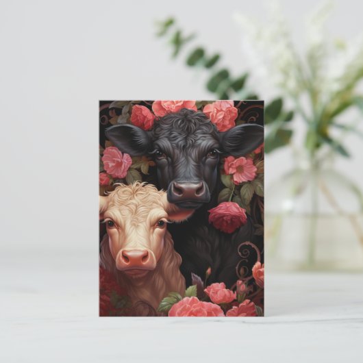 Koeien in de roze bloemen briefkaart (Staand voorkant)