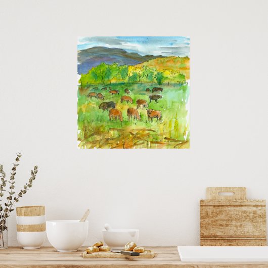 Koeien in de Waterverf van Boerderijen in het puin Poster (Keuken)