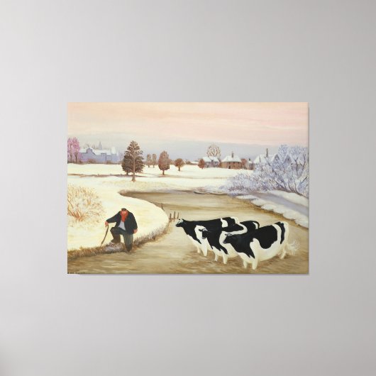Koeien in een winterrivier canvas afdruk (Voorkant)