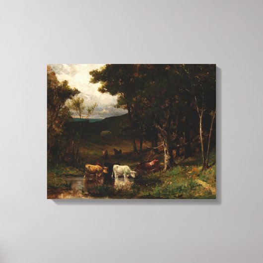 Koeien in stroompje bij bomen - Edward Bannister Canvas Afdruk (Voorkant)