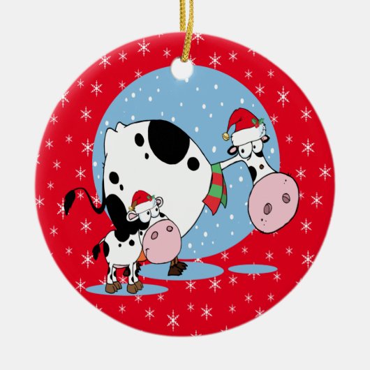 Koeien met kerstmis in het land met kerstmantels keramisch ornament (Voorkant)