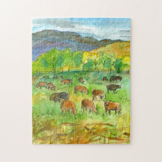 Koeien Mountain Pasture Waterverf Legpuzzel (Verticaal)