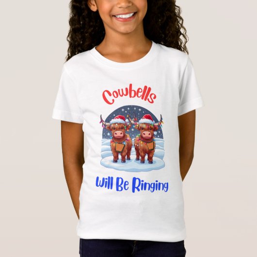 Koeienbellen zullen rinkelen Kerstmis Schotse Hoog T-shirt (Voorkant)