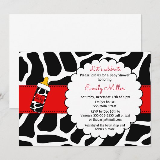 Koeienhuid baby shower uitnodiging rood zwart (Voorkant / Achterkant)