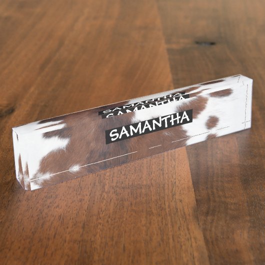 koeienhuid bruin witte bureaunaam bord naambordje (Zijkant)