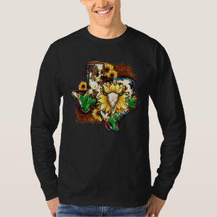 Koeienhuid Bull Skull Sunflower Texas Map Western  T-shirt