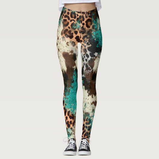 Koeienhuid Luipaard Print Turquoise Leggings voor  (Voorkant)