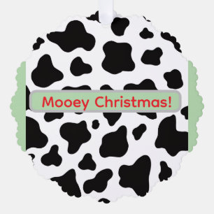 Koeienhuid met "Mooey Kerstmis" in het rood en roo Ornament Kaart