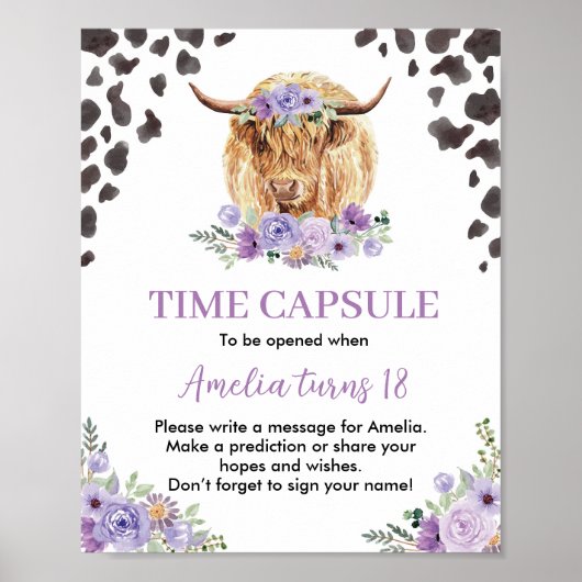 Koeienprint Bloemige Verjaardag Tijdscapsel Bord Poster (Voorkant)