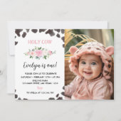 Koeienprint Geboortedaag Bloemige Foto Uitnodiging (Voorkant)