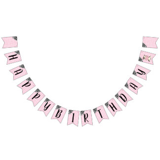Koeienprint Roze Gingham Verjaardagsbanner Vlaggetjes