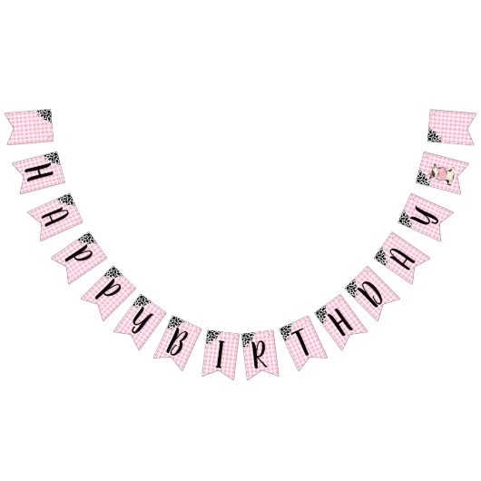 Koeienprint Roze Gingham Verjaardagsbanner Vlaggetjes (Alle)