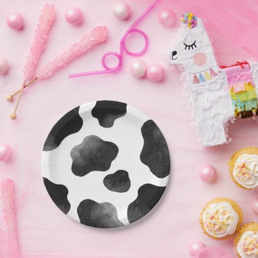 Koeienprint Thema Feest, Zwart Witte Koeienvlekken Papieren Bordje (Feest)