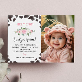 Koeienprint verjaardags bloemen foto uitnodiging