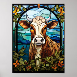 Koeienraamwerk met gebrandschilderde bloemkunst poster