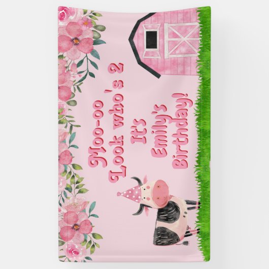 Koeienschuur Roze Meisjes 2de Verjaardag Spandoek (Verticaal)