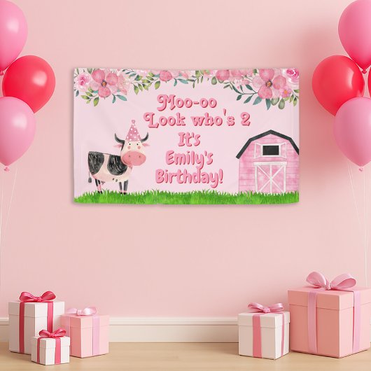 Koeienschuur Roze Meisjes 2e Verjaardag Spandoek