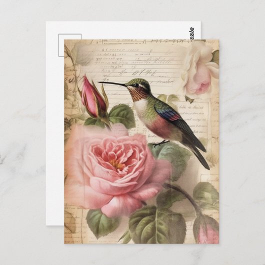 koeienvogel en roze rozen ontkoppeling briefkaart (Voorkant / Achterkant)