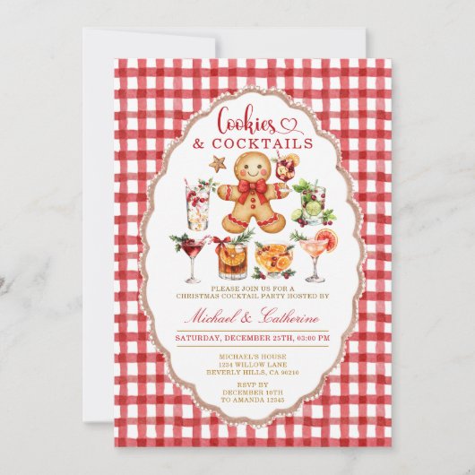 Koekjes & Cocktails Winter Kerstmis Rood Gingham Kaart (Voorkant)