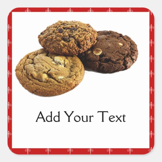 Koekjes en andere heerlijke desserts op rood vierkante sticker (Voorkant)