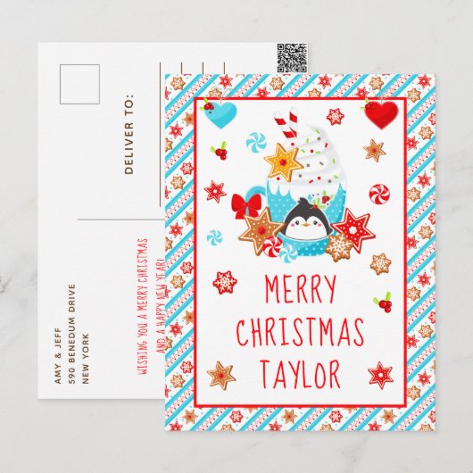 Koekjes en cacaopblauw kerstfeest feestdagenkaart (Voorkant / Achterkant)