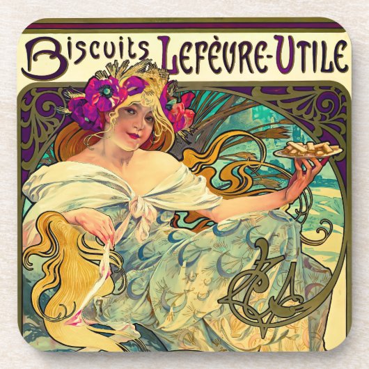 Koekjes Lefevre-Utile van Alphonse Mucha (1896) Bier Onderzetter (Voorkant)