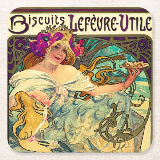Koekjes Lefevre-Utile van Alphonse Mucha (1896) Kartonnen Onderzetters (Voorkant)