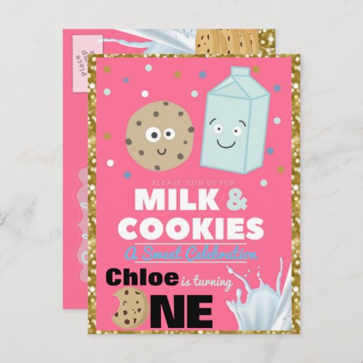 Koekjes & Melk Roze & Goud Glitter| 1e verjaardag  Uitnodiging Briefkaart (Voorkant / Achterkant)