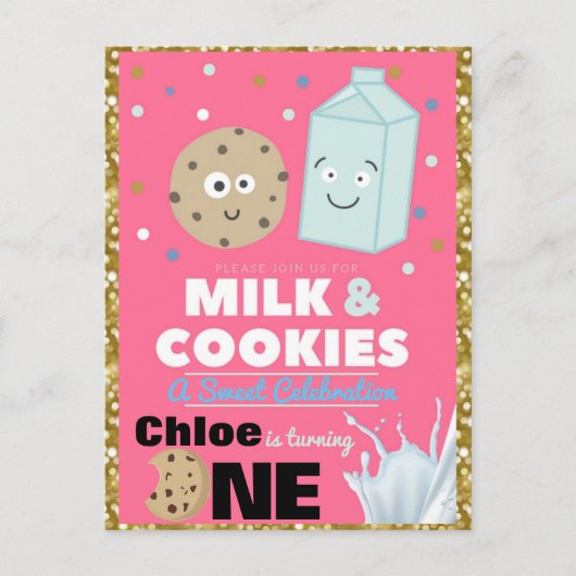 Koekjes & Melk Roze & Goud Glitter| 1e verjaardag  Uitnodiging Briefkaart (Voorkant)