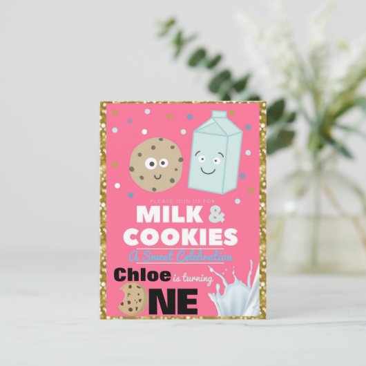 Koekjes & Melk Roze & Goud Glitter| 1e verjaardag Uitnodiging Briefkaart (Staand voorkant)