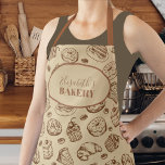 koekjespatroon gepersonaliseerde naam bakken schort<br><div class="desc">Bakkerspron van de elegante  soort in beige-tan en bruine chocolade met cakes,  donouts en koekjes ter illustratie van het assortiment.       Gemakkelijk om met jouw naam en tekst te personaliseren!             het kan een geïnspireerd gepersonaliseerd geschenk voor moeder,  grootmoeder,  bruid om te zijn,  of een het koken of bakkerij minnaar zijn.</div>