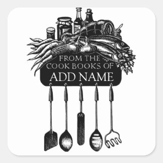 Koekkenbord met voedsel en gereedschap vierkante sticker