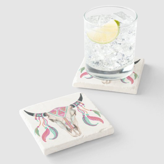 Koeksschedel met droomvangers stenen onderzetter (Zijkant)