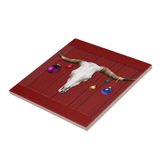 Koeksschedel met kerstversiering op rode schuur tegeltje (Zijkant)