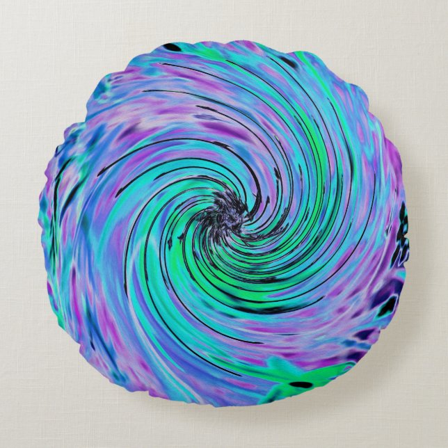 Koel abstract limoengroen en paarse bloemenswirl rond kussen (Voorkant)