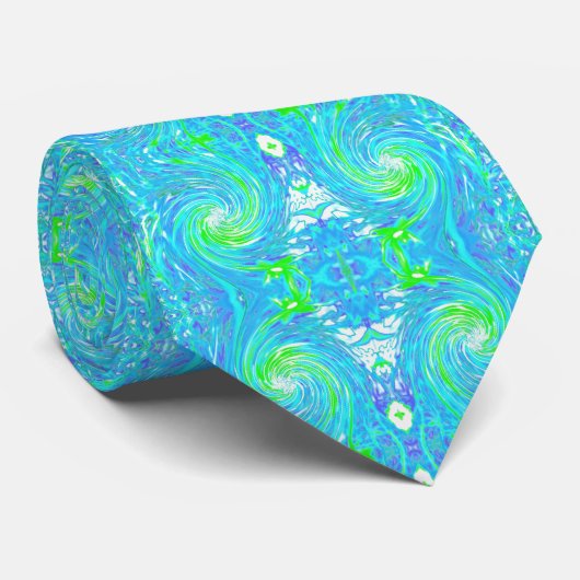 Koel Abstracte Retro Aqua en Lime Green Swirl Stropdas (Opgerold)
