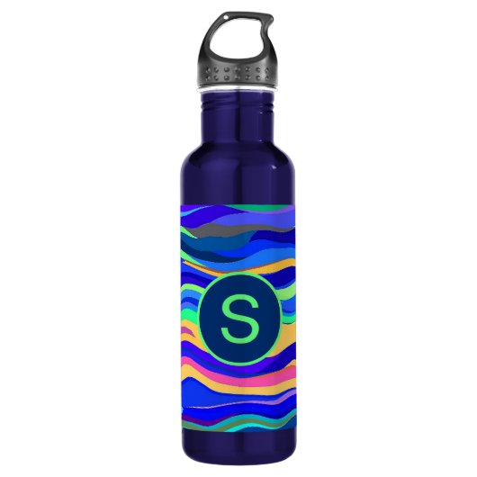 Koel Abstracte Wavy Stripes Blue Monogramed Waterfles (Voorkant)