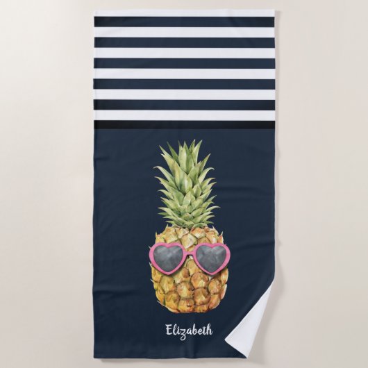 Koel Ananas Maritiem Navy Blauwe Gestreepte Strandlaken (Voorkant)