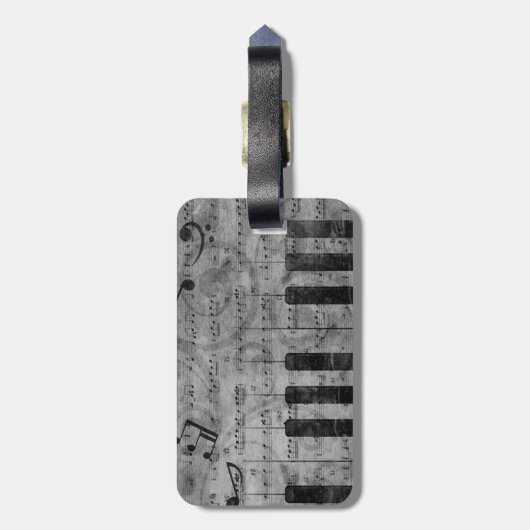 Koel-antiek-grijpeffect pianomuzieknoten bagagelabel (Achterkant verticaal)