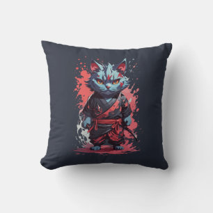 Koel Aquarel Grijs Ninja Kat Krijger Kussen
