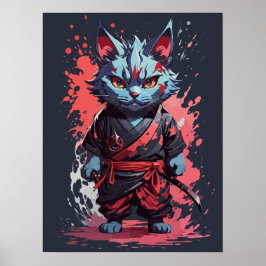 Koel Aquarel Grijs Ninja Kat Krijger Poster