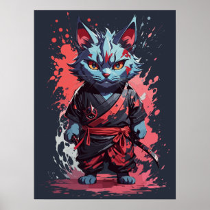 Koel Aquarel Grijs Ninja Kat Krijger Poster