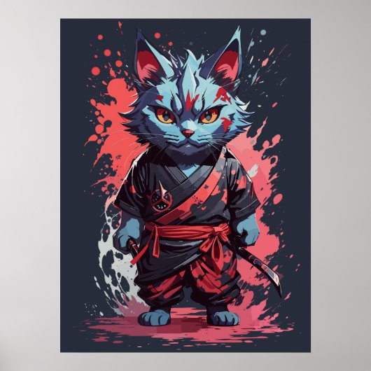 Koel Aquarel Grijs Ninja Kat Krijger Poster (Voorkant)
