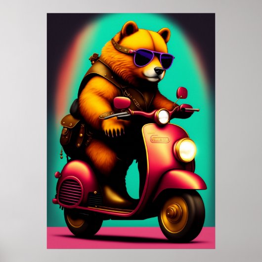 Koel Beer Riding roze scooter Poster (Voorkant)