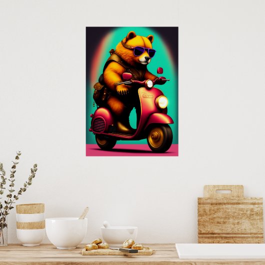Koel Beer Riding roze scooter Poster (Keuken)