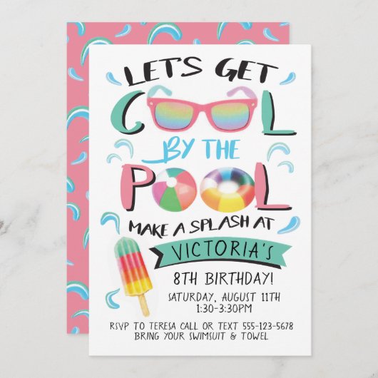 Koel bij de Pool Birthday Party Invitation Kaart (Voorkant / Achterkant)