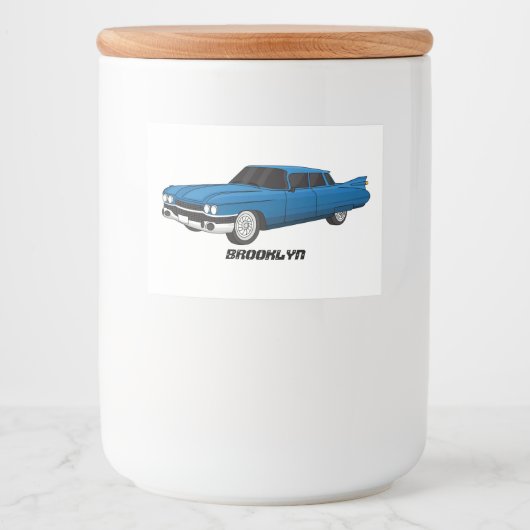 Koel blauw 1959 klassieke auto voedselcontainer etiket (Voorkant)