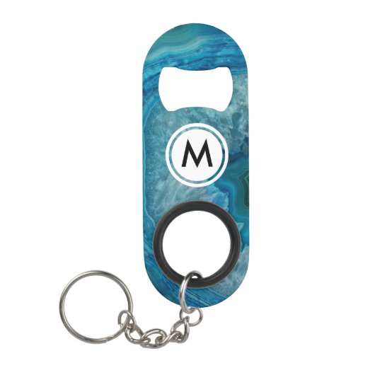 Koel Blauw Agat Patroon met Monogram Mini Flessenopener (Voorkant)