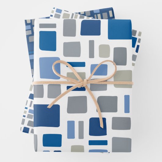 Koel Blauw en grijze kleuren Wonky Squares & Recht Inpakpapier Vel (In situ)