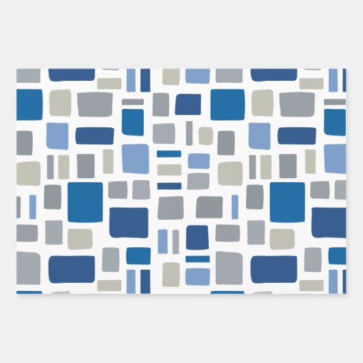 Koel Blauw en grijze kleuren Wonky Squares & Recht Inpakpapier Vel (Voorkant)